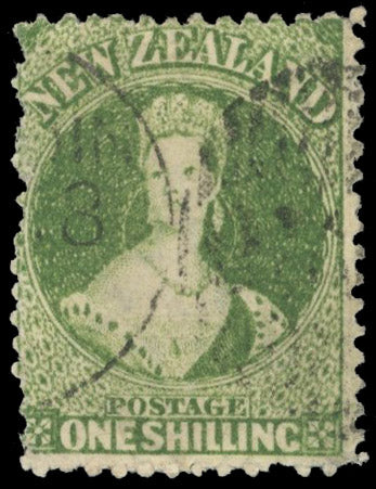 New Zealand SG 80 Used 1862-64 1s yellow-green watermark large star perf 13