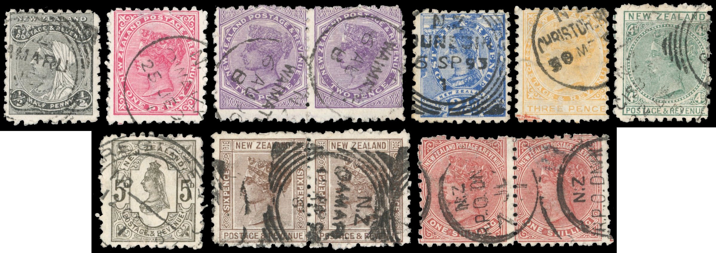 New Zealand SG 217/226 btwn Used 1882-1900 perf 10 part set to 1s