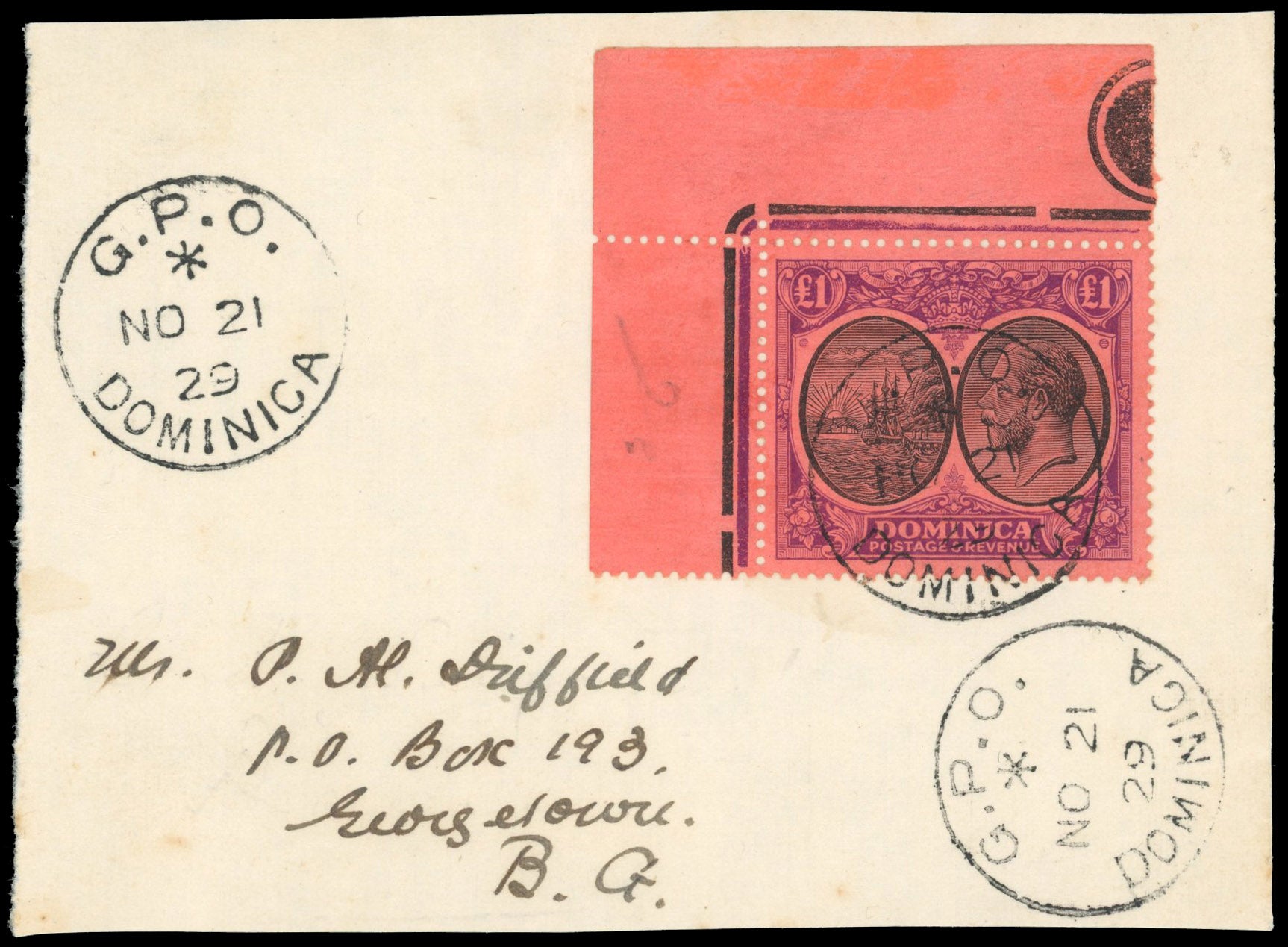 Dominica SG 91 Used 1923-33 £1 black and purple on red