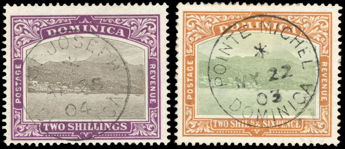 Dominica SG 34, 35 Used 1903-07 2s, 2s6d with St Joseph or Pointe Michel cds