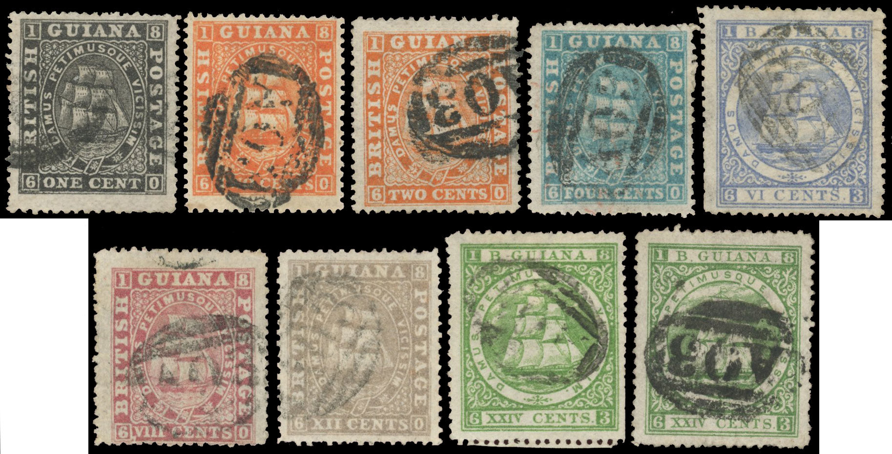 British Guiana SG 106/115 Used 1875-76 perf 15 set to 24c