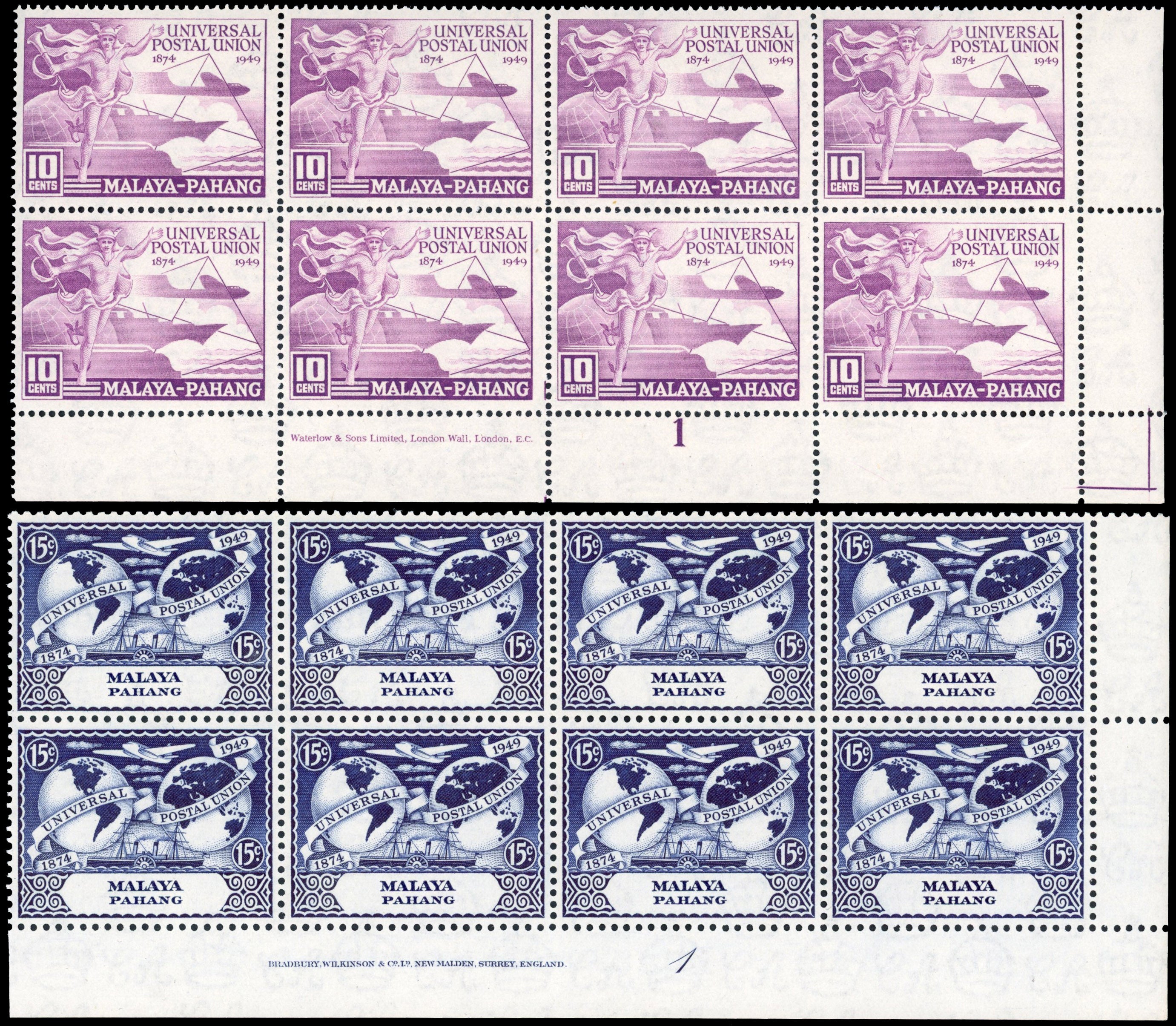 Malaya Pahang SG 49/52 Unmounted mint 1949 UPU set of 4 imprint and plate blocks