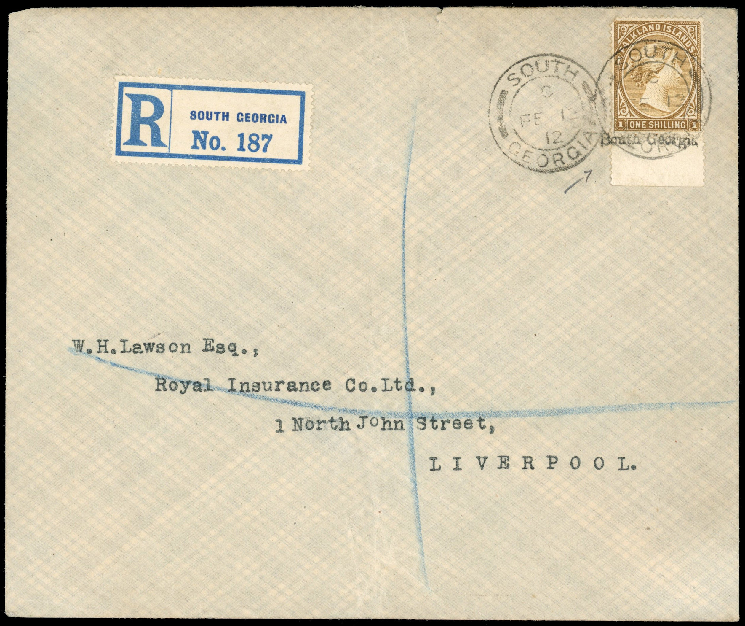 Falkland Islands Dependencies SG ZU3 1912 cover from South Georgia to Liverpool with type Z2 handstamp