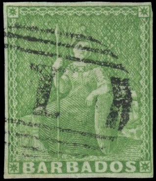 Barbados SG 1 Used 1852-55 ½d yellow-green on blued paper