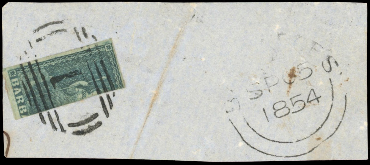 Barbados SG 4b Used 1852-55 2d greyish slate vertical bisect on piece