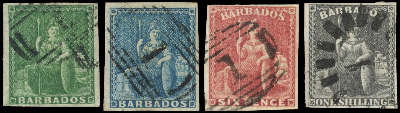 Barbados SG 8/12a btwn Used 1855-58 ½d, 1d, 6d, 1s on white paper