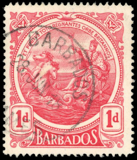 Barbados SG 183x Used 1916-19 1d bright carmine-red variety watermark reversed