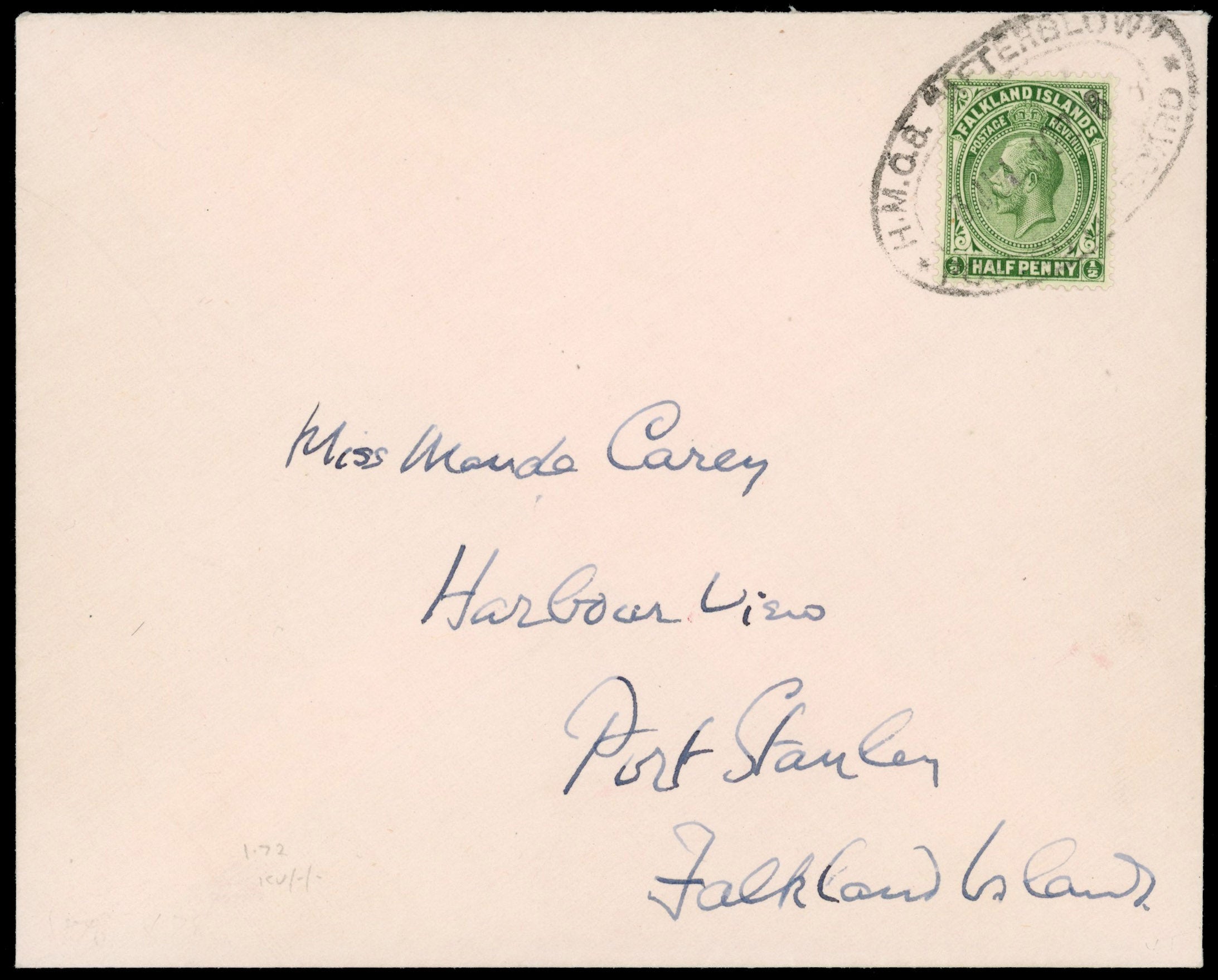 Falkland Islands SG 73 Cancel 1926 cover with H.M.C.S. Afterglow datestamp variety spaced year date 192 6