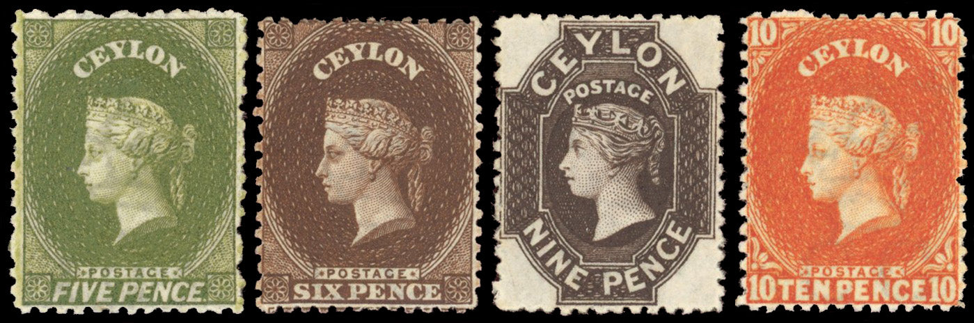 Ceylon SG 66b/70b btwn Mint 1867-70 5d, 6d, 9d, 10d