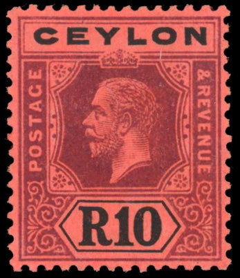 Ceylon SG 318aw Mint 1912-25 10r purple and black on red variety watermark inverted
