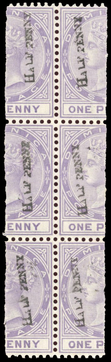 Dominica SG 12 Mint 1882-83 ½d on half 1d lilac surcharge type 4 in black block of 6