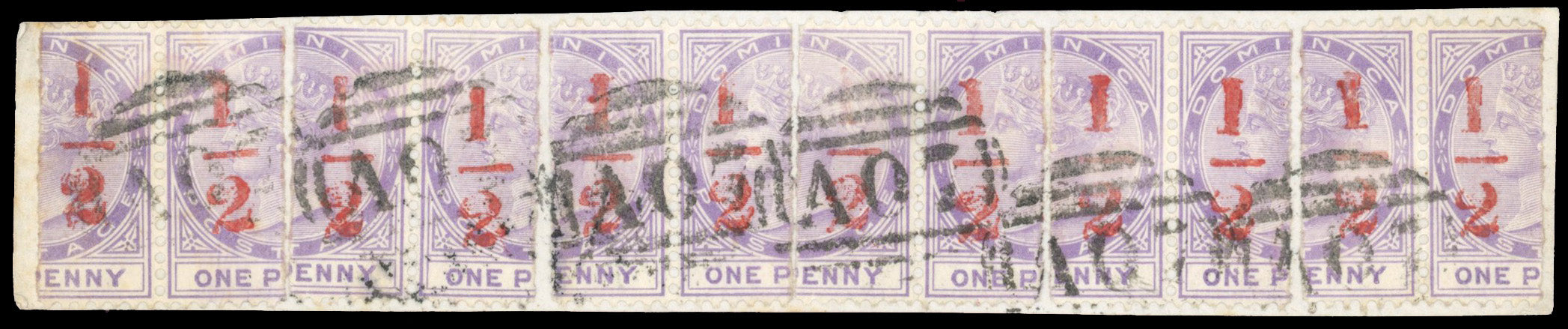 Dominica SG 11 Used 1882-83 ½d on half 1d lilac surcharge type 3 in red pairs x6