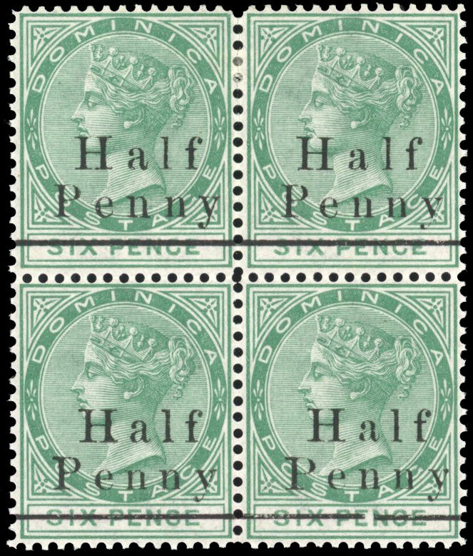 Dominica SG 17 Mint 1886 ½d on 6d green block of 4
