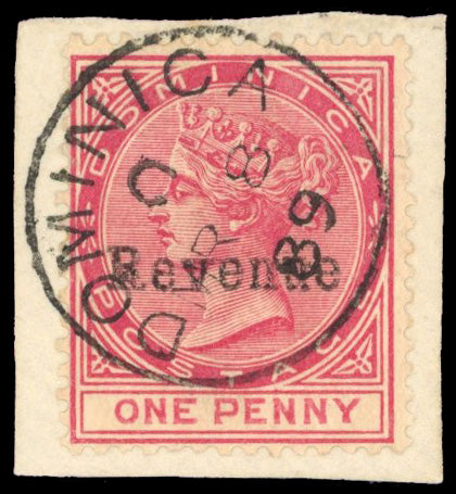Dominica SG R6 Used 1888 postal fiscal 1d rose with local Revenue overprint