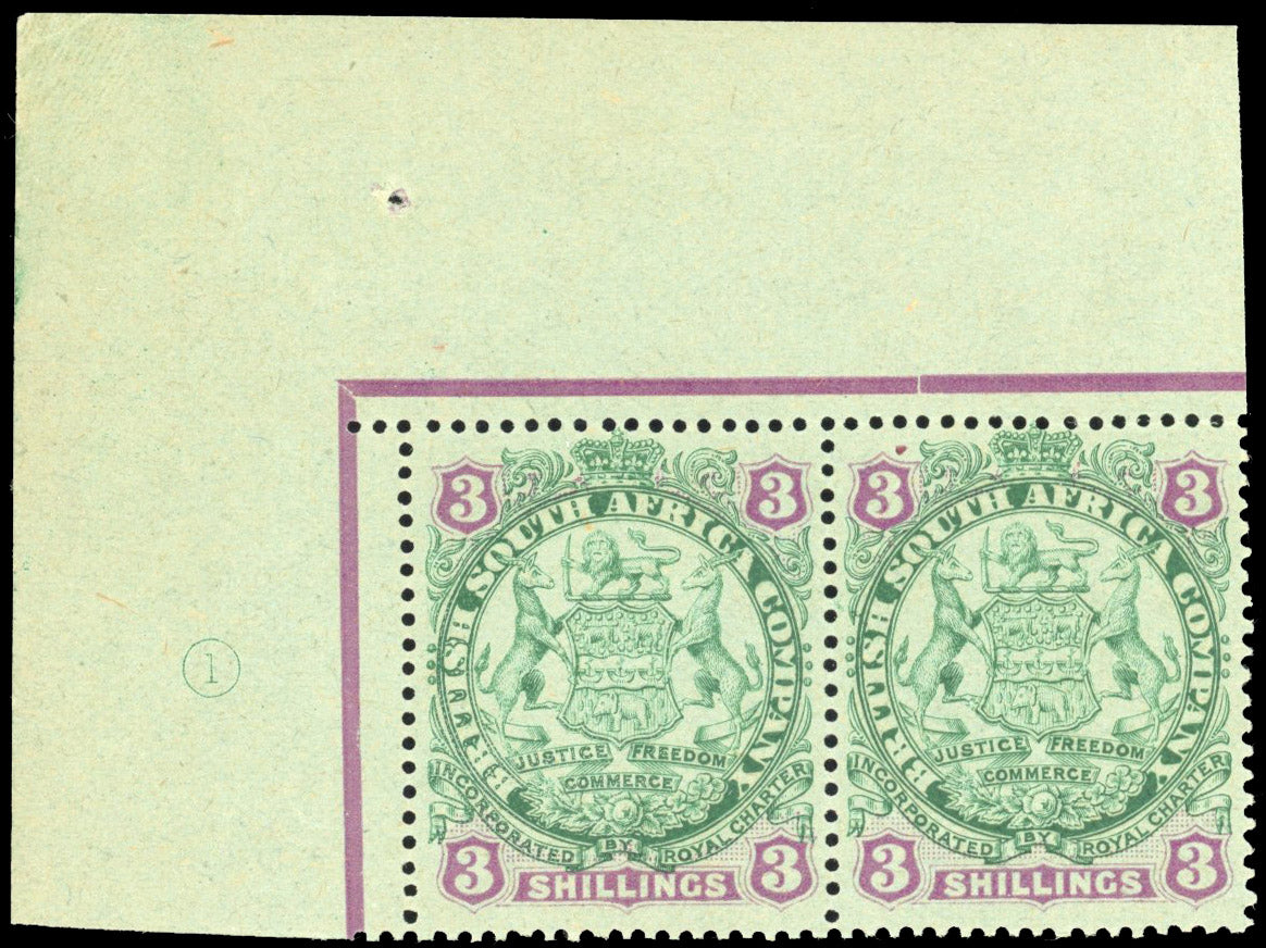 Rhodesia SG 36 Mint 1896-97 3s green and mauve on blue corner pair with plate number