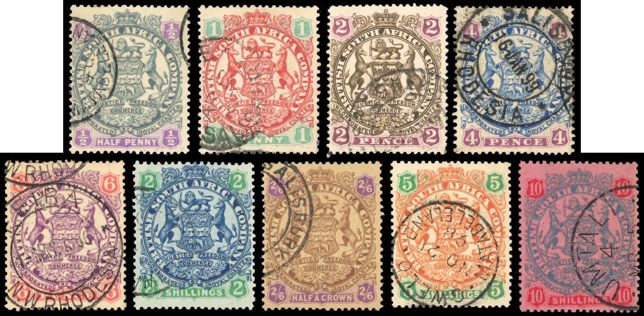 Rhodesia SG 41/50 Used 1896-97 set of 9 to 10s die II