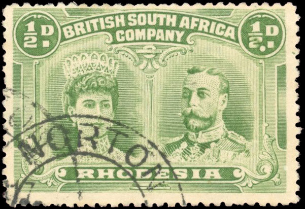 Rhodesia SG 119 var Used 1910-13 Double Head ½d yellow-green variety Double dot below D