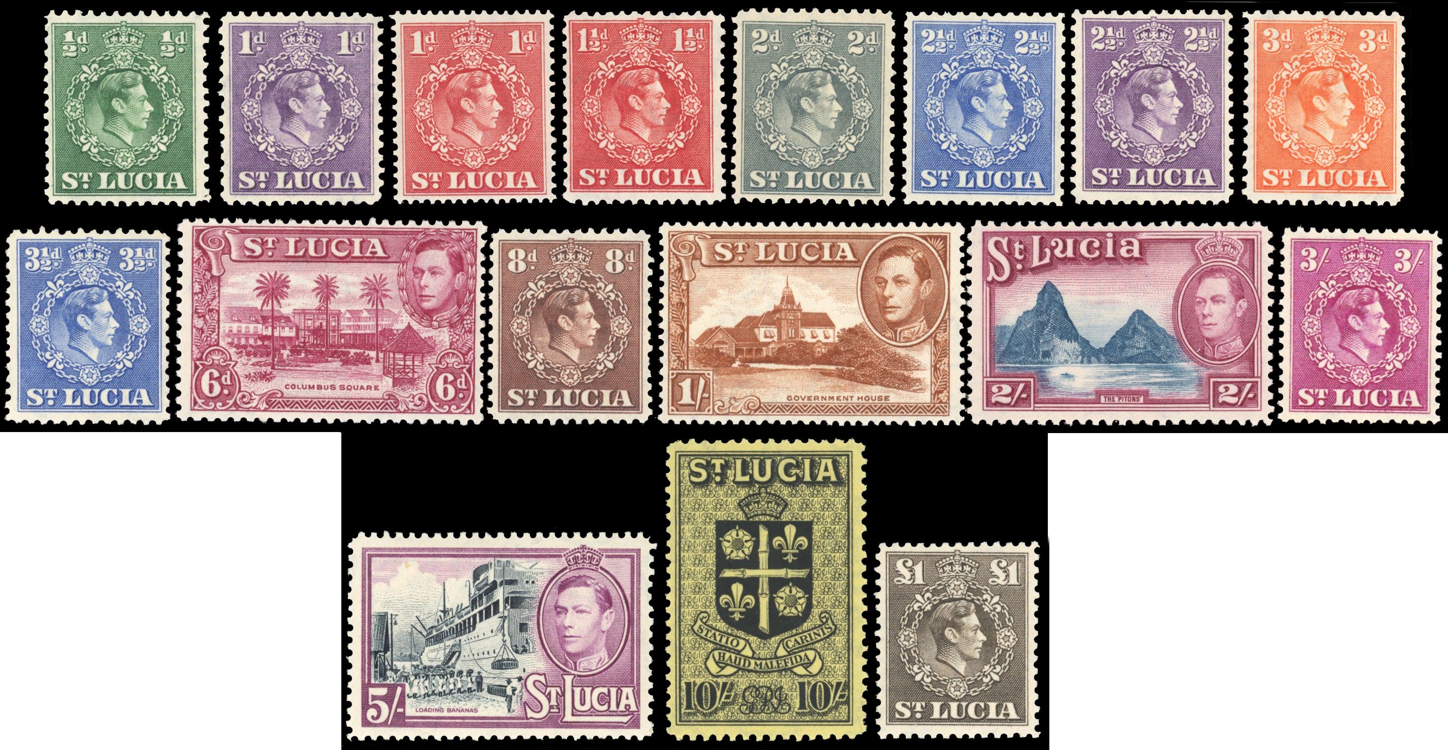 St Lucia SG 128a/41 Unmounted mint 1938-48 KGVI set of 17 to £1