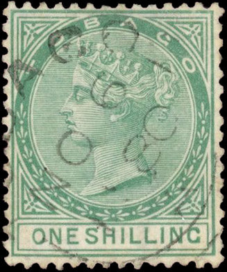 Tobago SG 4 Used 1879 1s green watermark crown CC
