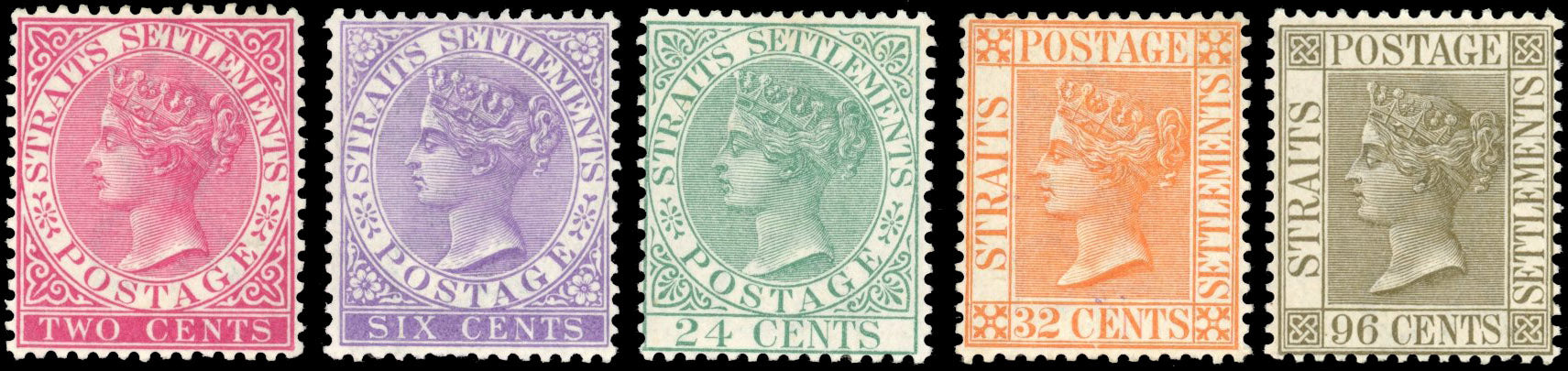 Malaya Straits Settlements SG 63a/71 btwn Mint 1883-91 2c, 6c, 24c, 32c, 96c watermark crown CA