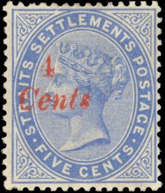 Malaya Straits Settlements SG 73 Mint 1884 4c on 5c blue surcharge in red