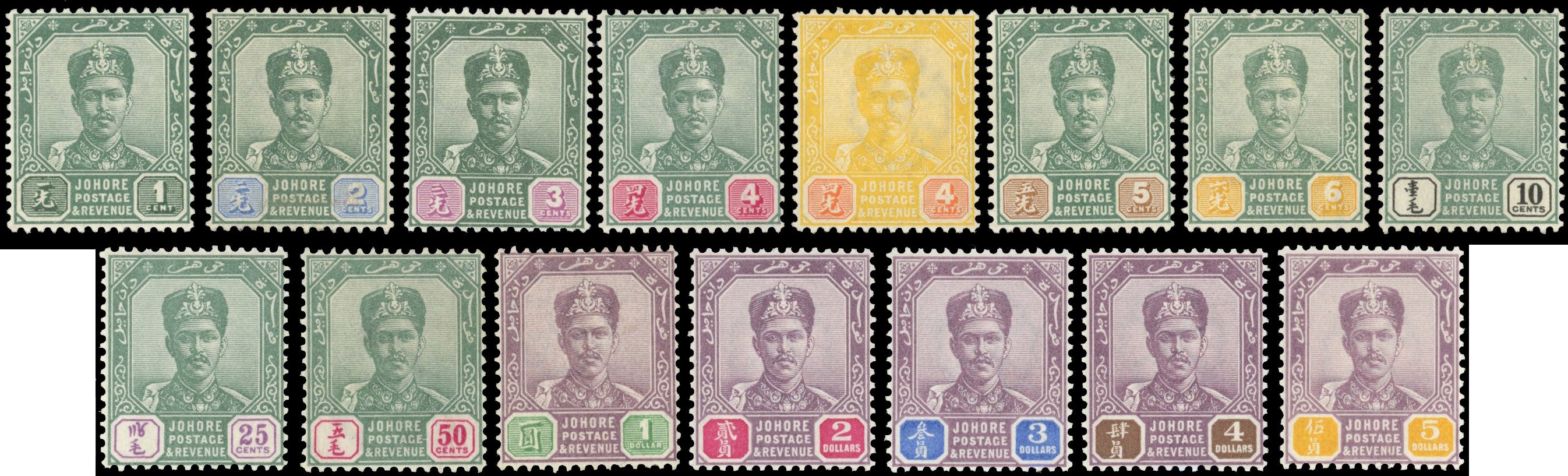 Malaya Johore SG 39/53 Mint 1896-99 set of 15 to $5