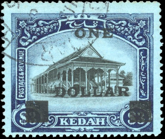 Malaya Johore SG 25 Used 1919 $1 on $3 black and blue/blue