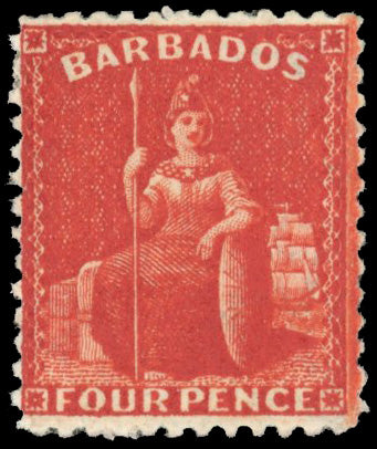 Barbados SG 68w Mint 1875-81 4d deep red perf 12½ watermark crown CC inverted