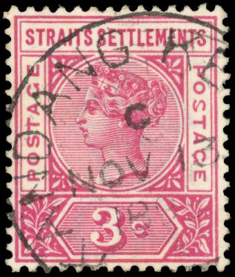 Malaya Straits Settlements SG 96a Used 1892-99 3c carmine-rose variety Malformed S