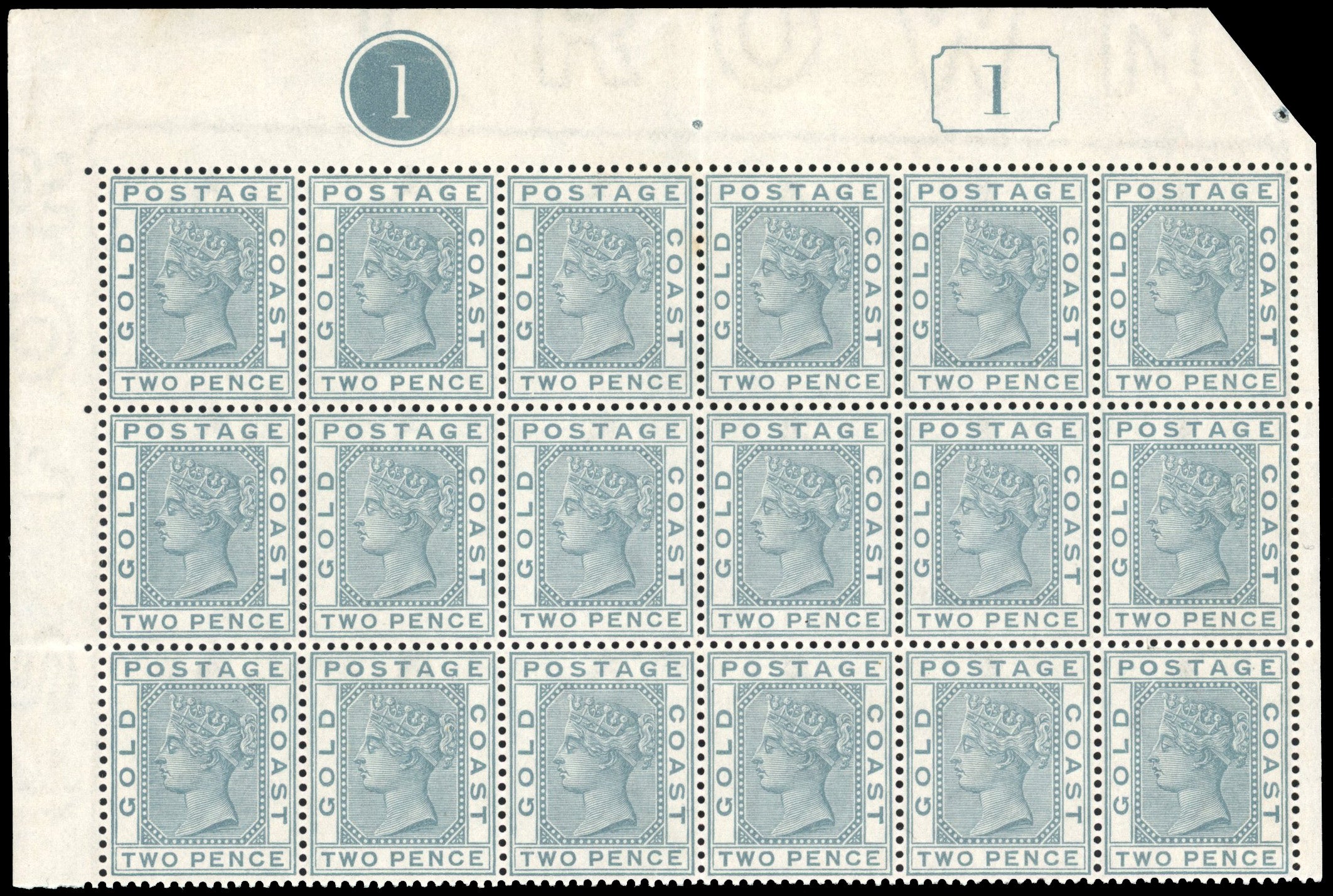 Gold Coast SG 13b/e Mint 1884-91 2d slate block of 18 variety Long centre bar to E