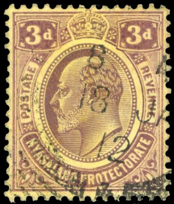 Nyasaland SG 75w Used 1908-11 3d purple on yellow variety watermark inverted