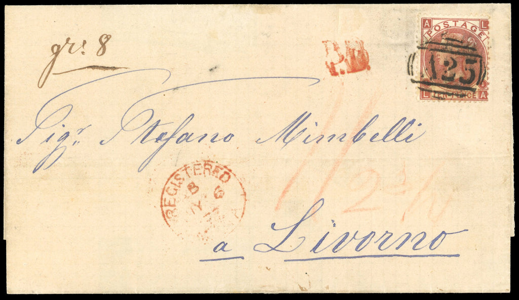 Malta SG Z72 Cover 1873 registered wrapper to Livorno bearing GB 1867 10d red-brown