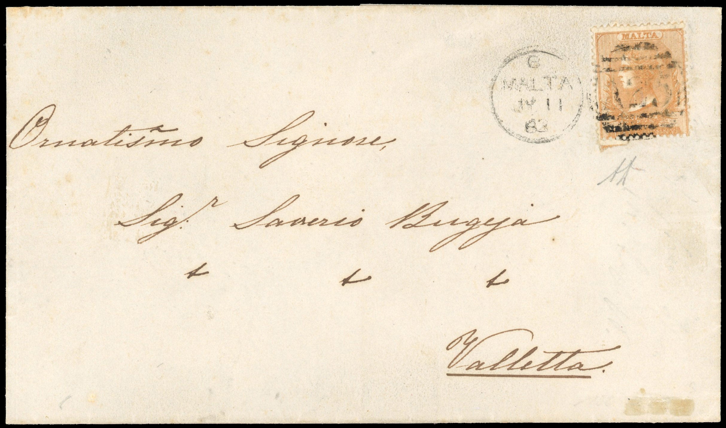Malta SG 2 Cover 1863 wrapper bearing 1860-63 ½d brown-orange