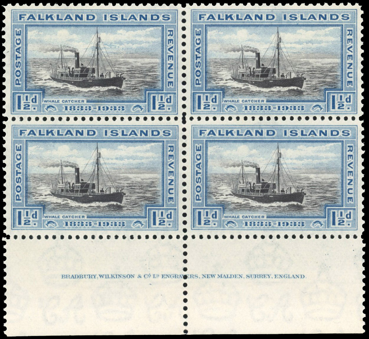 Falkland Islands SG129a Mint 1933 Centenary 1½d imprint block with Break in cloud