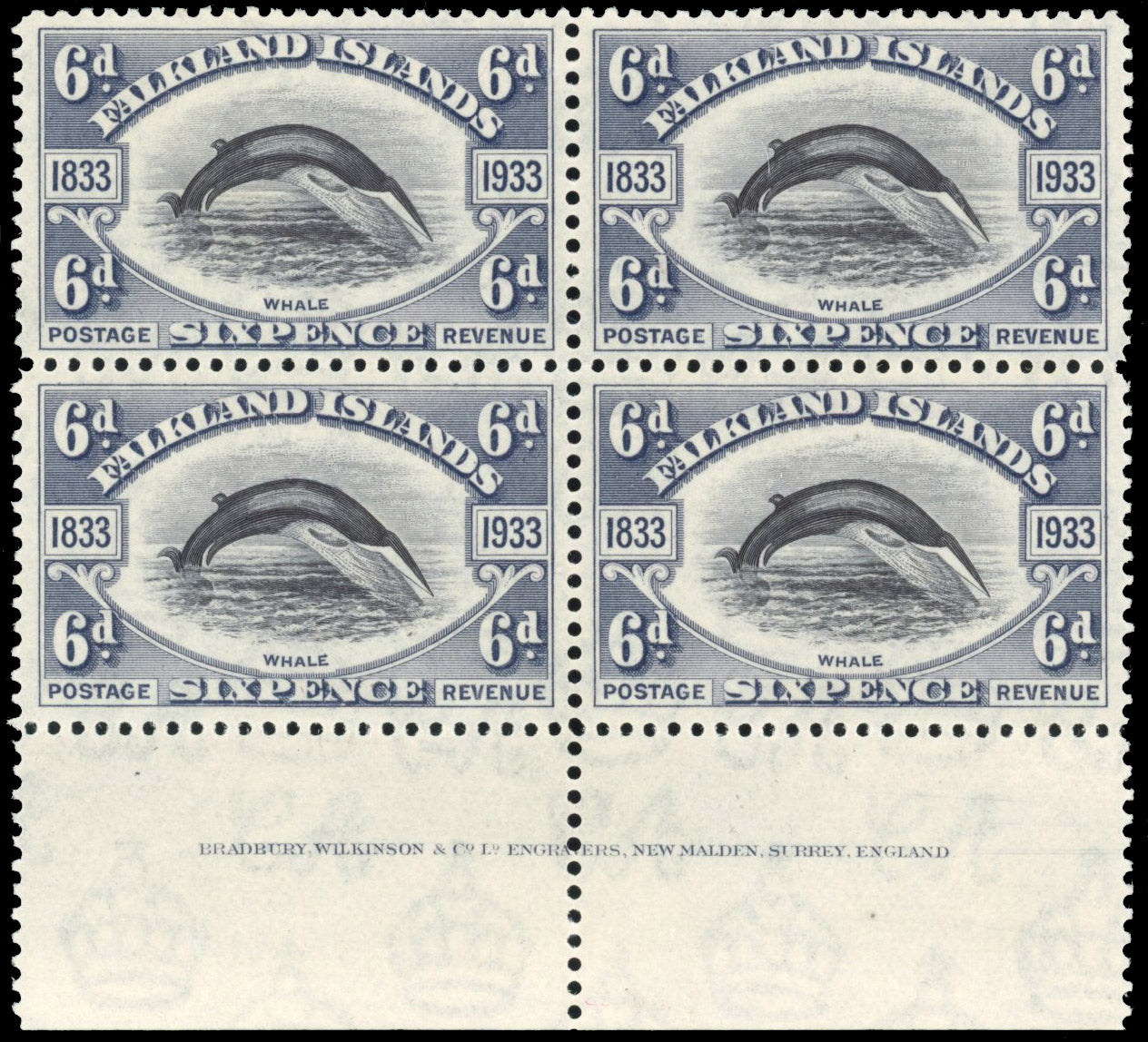 Falkland Islands SG 133 Mint 1933 Centenary 6d Whale imprint block
