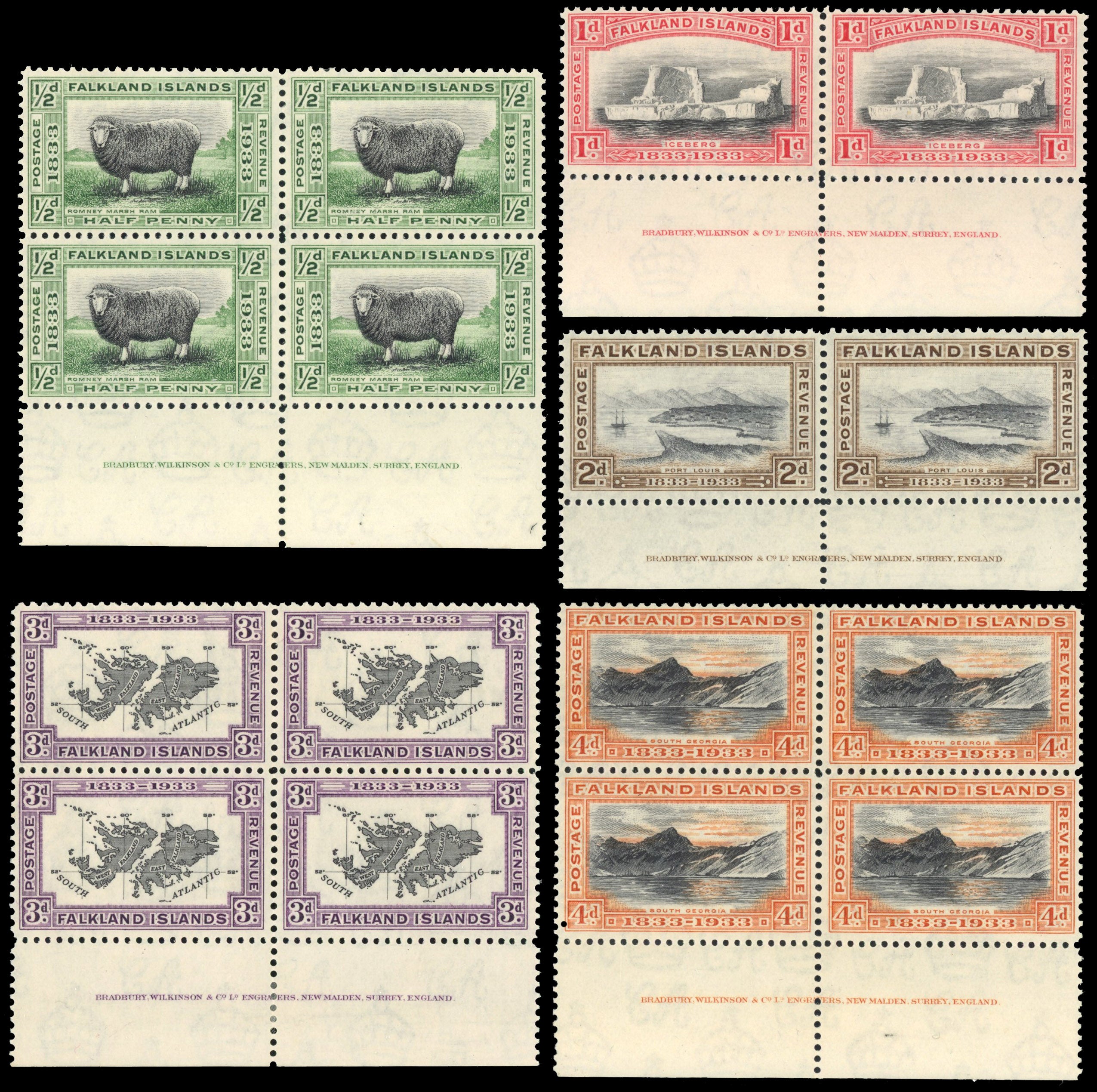 Falkland Islands SG 127/28, 130/32 Mint 1933 Centenary ½d, 1d, 2d, 3d, 4d imprint pairs or blocks