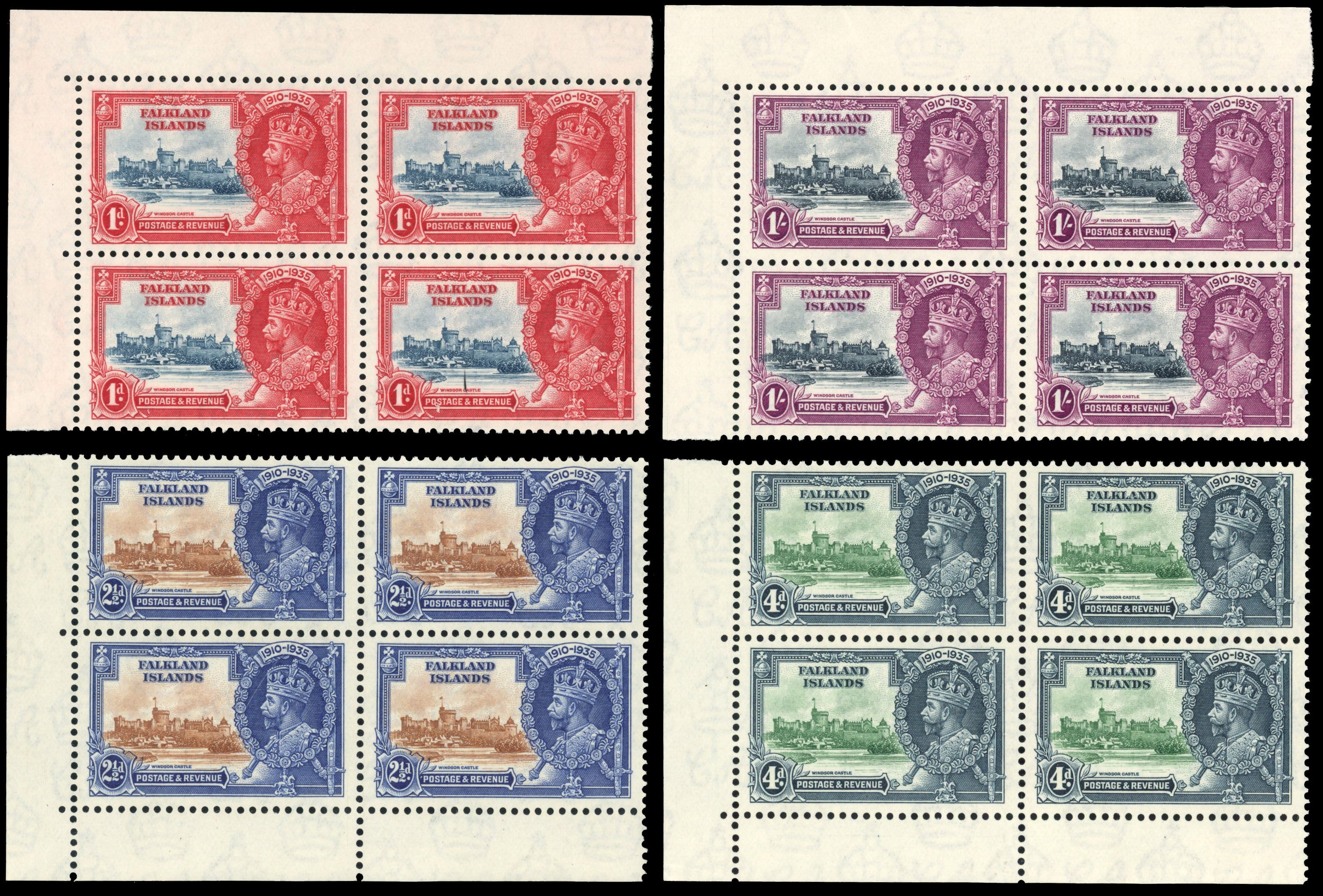 Falkland Islands SG 139/42 Mint 1935 Silver Jubilee set of 4 corner blocks