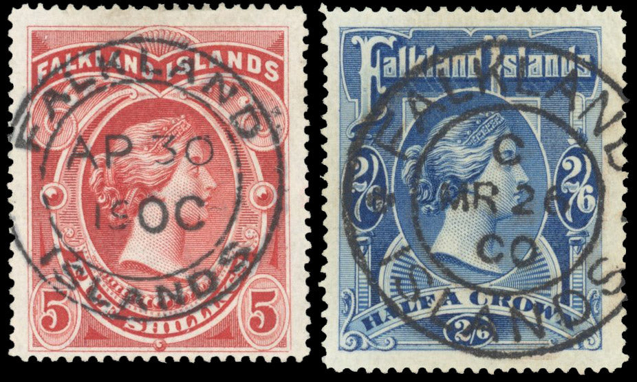 Falkland Islands SG 41/42 Used 1898 2s6d and 5s with postmark varieties