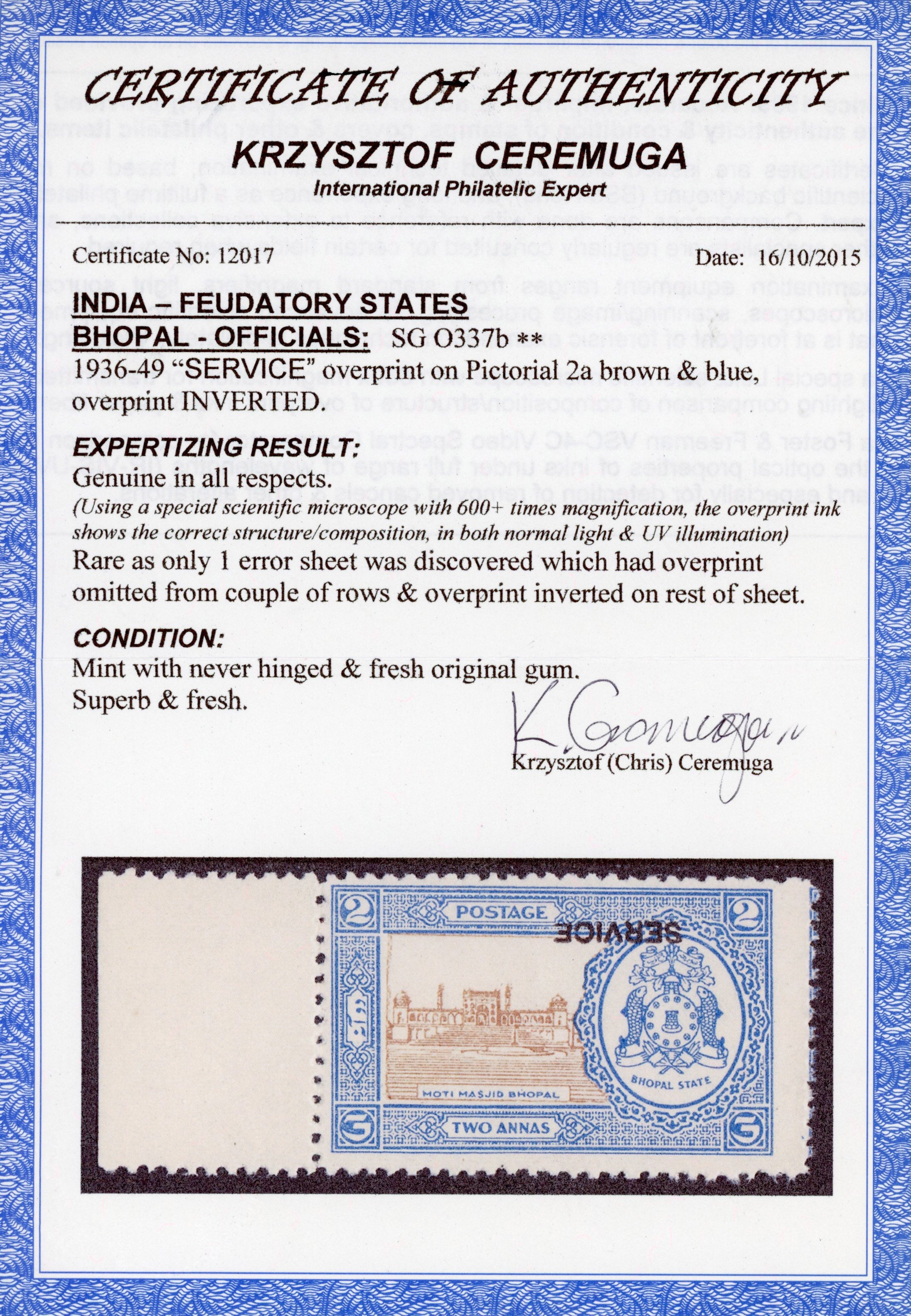 I.F.S. Bhopal SG O337b Unmounted mint 1936-49 official 2a brown and blue error overprint inverted