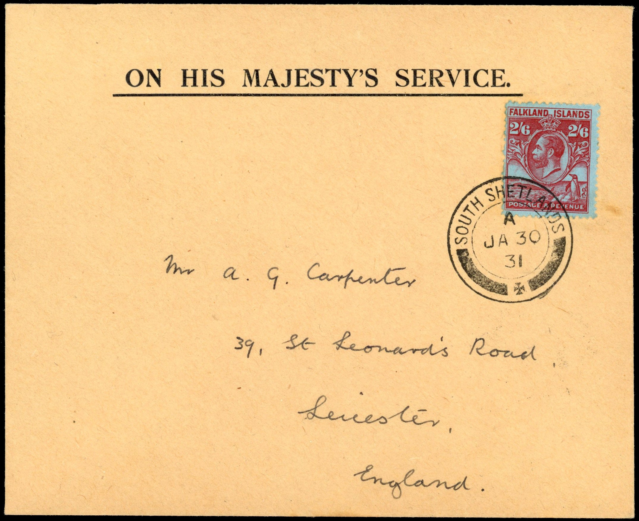 Falkland Islands Dependencies SG Z155 1931 cover from South Shetlands to England with 1929 Whale and Penguin 2s6d