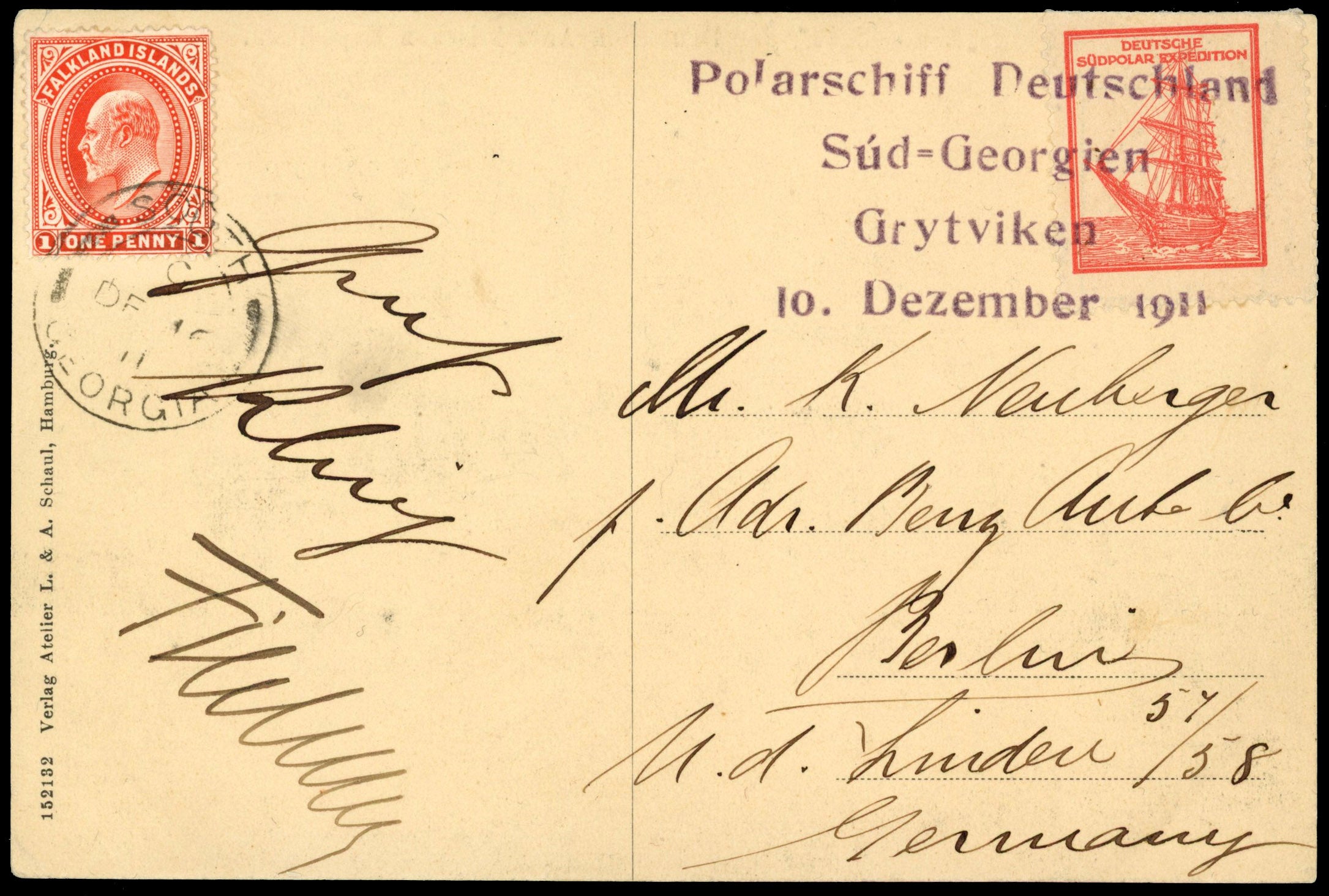 Falkland Islands Dependencies SG Z15 1911 German South Polar Exhibition postcard to Berlin