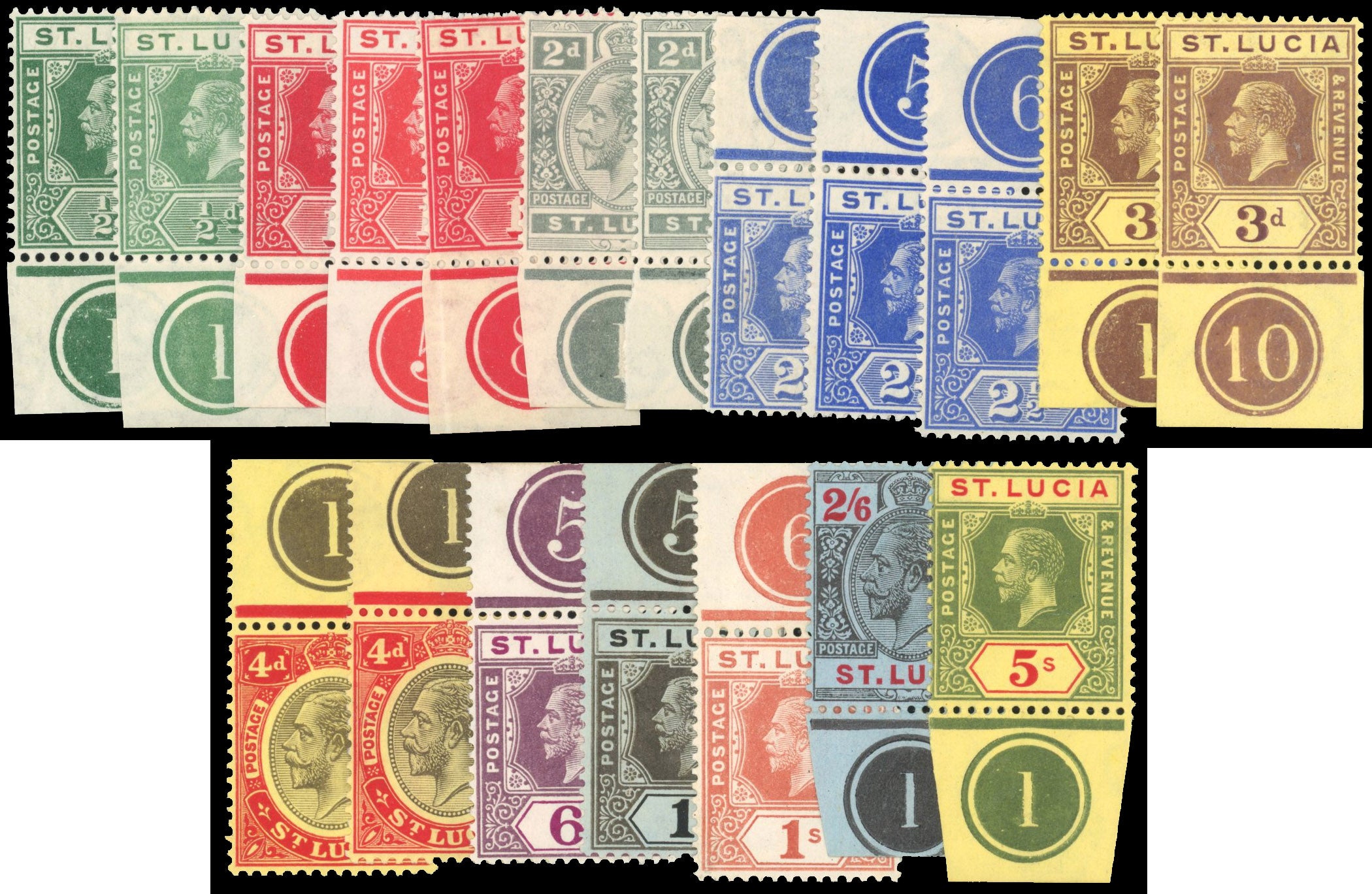 St Lucia SG 78/88 Mint 1912-21 ½d to 5s watermark MCA range of plate number singles