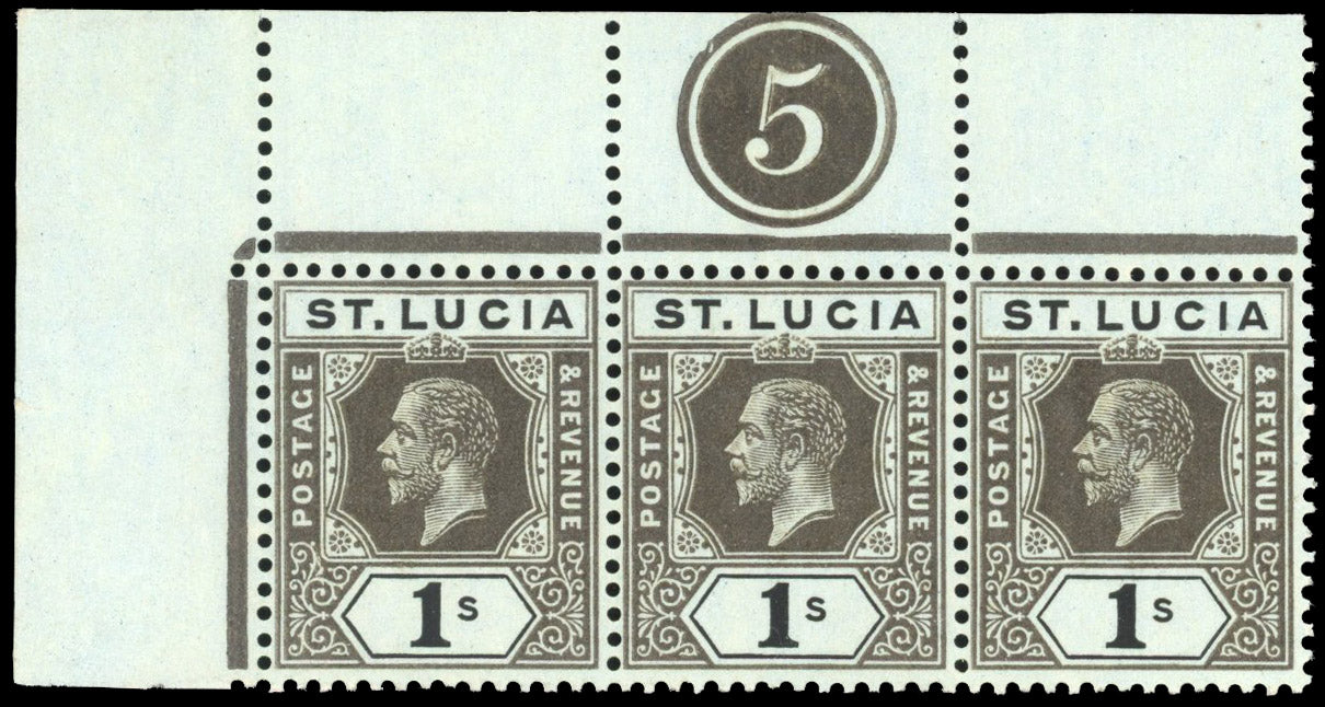 St Lucia SG 85a Unmounted mint 1912-21 1s black on blue-green (olive back) plate number strip