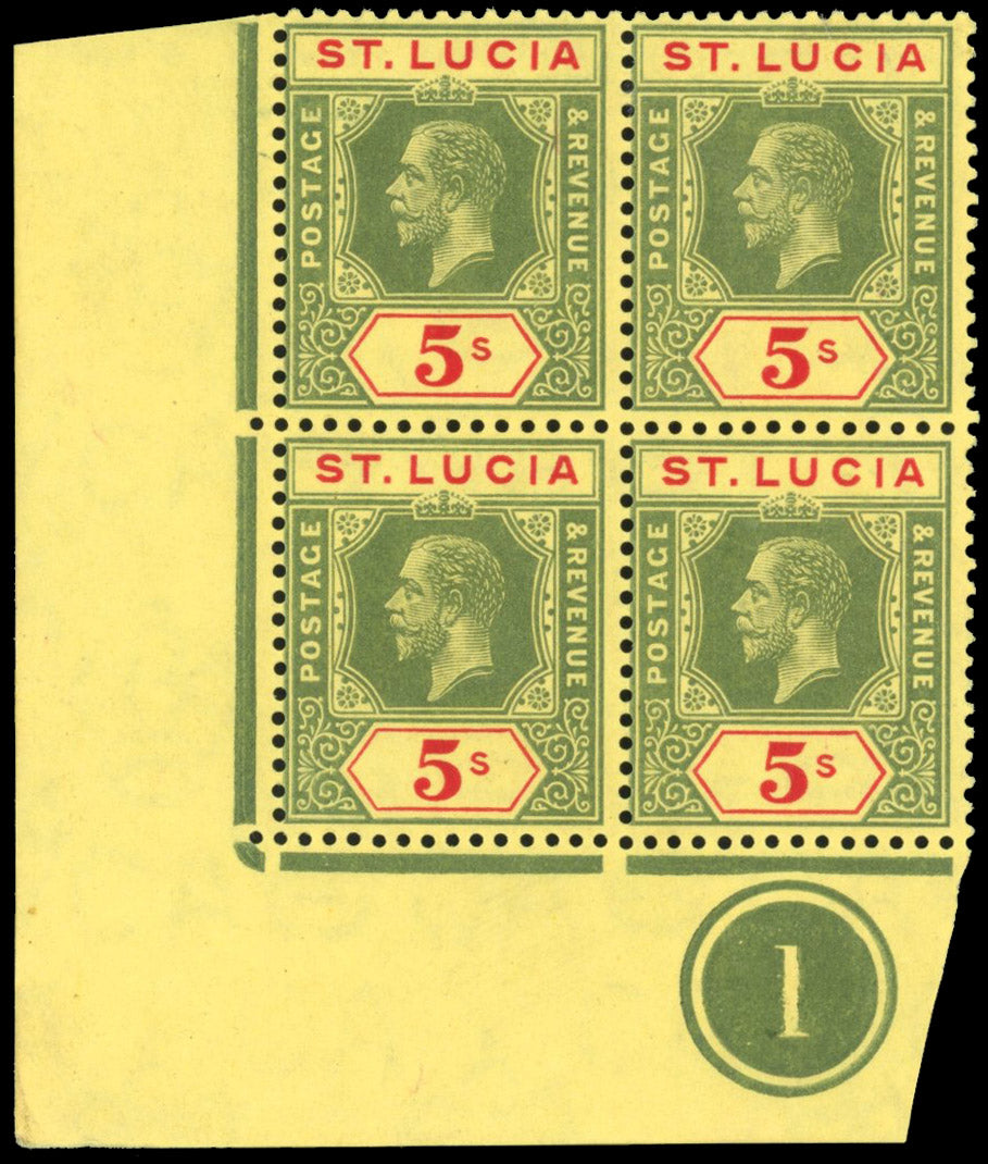 St Lucia SG 88 Mint 1912-21 5s green and red on yellow watermark MCA plate block