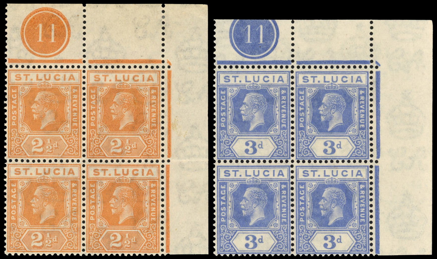 St Lucia SG 97, 99a Mint 1921-30 2½d orange, 3d dull blue Script watermark plate 11 blocks