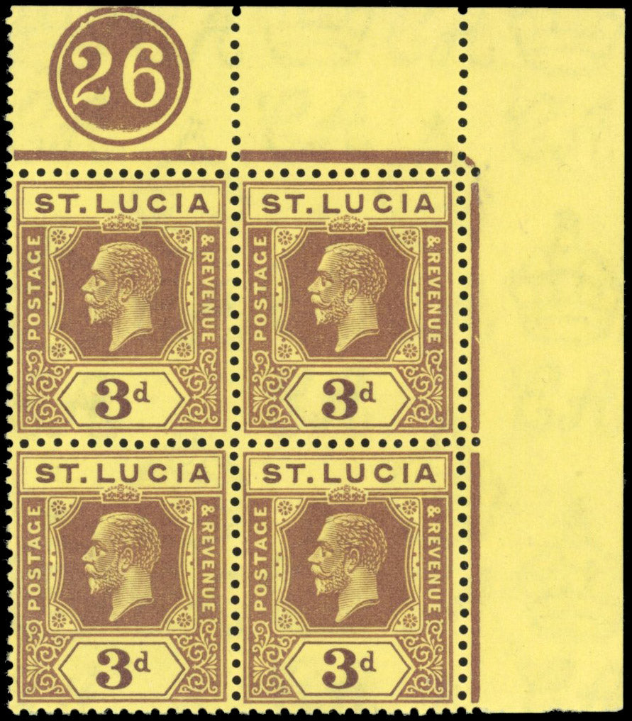 St Lucia SG 100 Unmounted mint 1921-30 3d purple on pale yellow Script watermark plate 26 block of 4