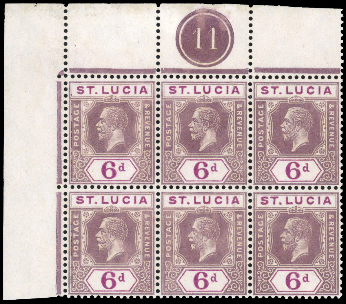 St Lucia SG 102 Unmounted mint 1921-30 6d grey-purple and purple Script watermark plate 11 block of 6