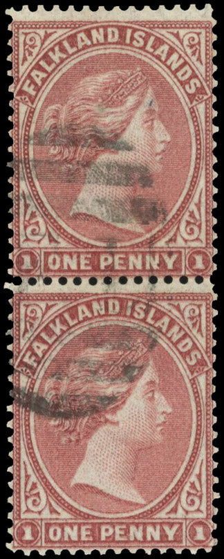 Falkland Islands SG 1 Used 1878-79 1d claret vertical pair