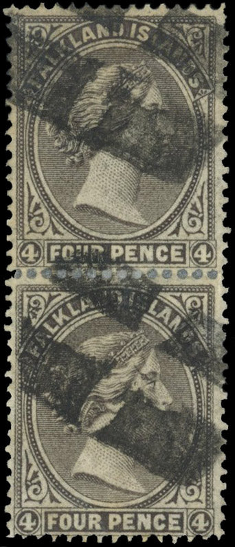 Falkland Islands SG 2 Used 1878-79 4d grey-black vertical pair with Early 4x2 cork cancel