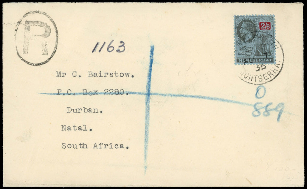 Montserrat SG 80 1935 registered cover to South Africa with 1922-29 2s6d black and red on blue